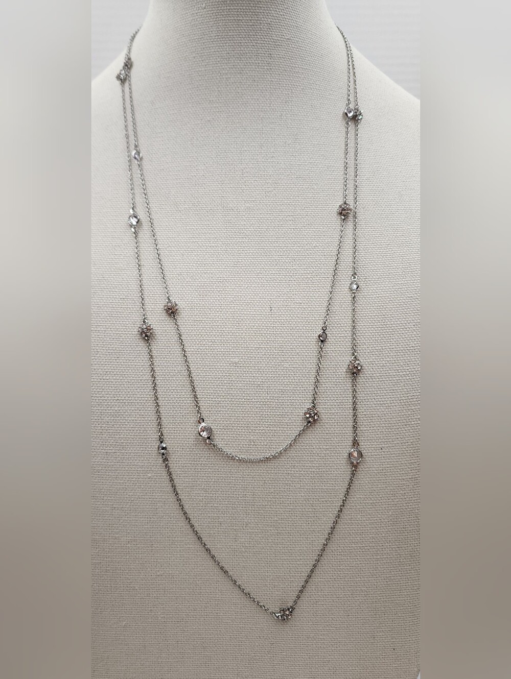 LOFT Long Layer Necklace Rhinestone Silver Tone 24"
